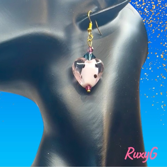 Handmade Heart Earrings with Pink , Gray and Gold Accents w/ Swarovski crystals - Picture 6 of 7